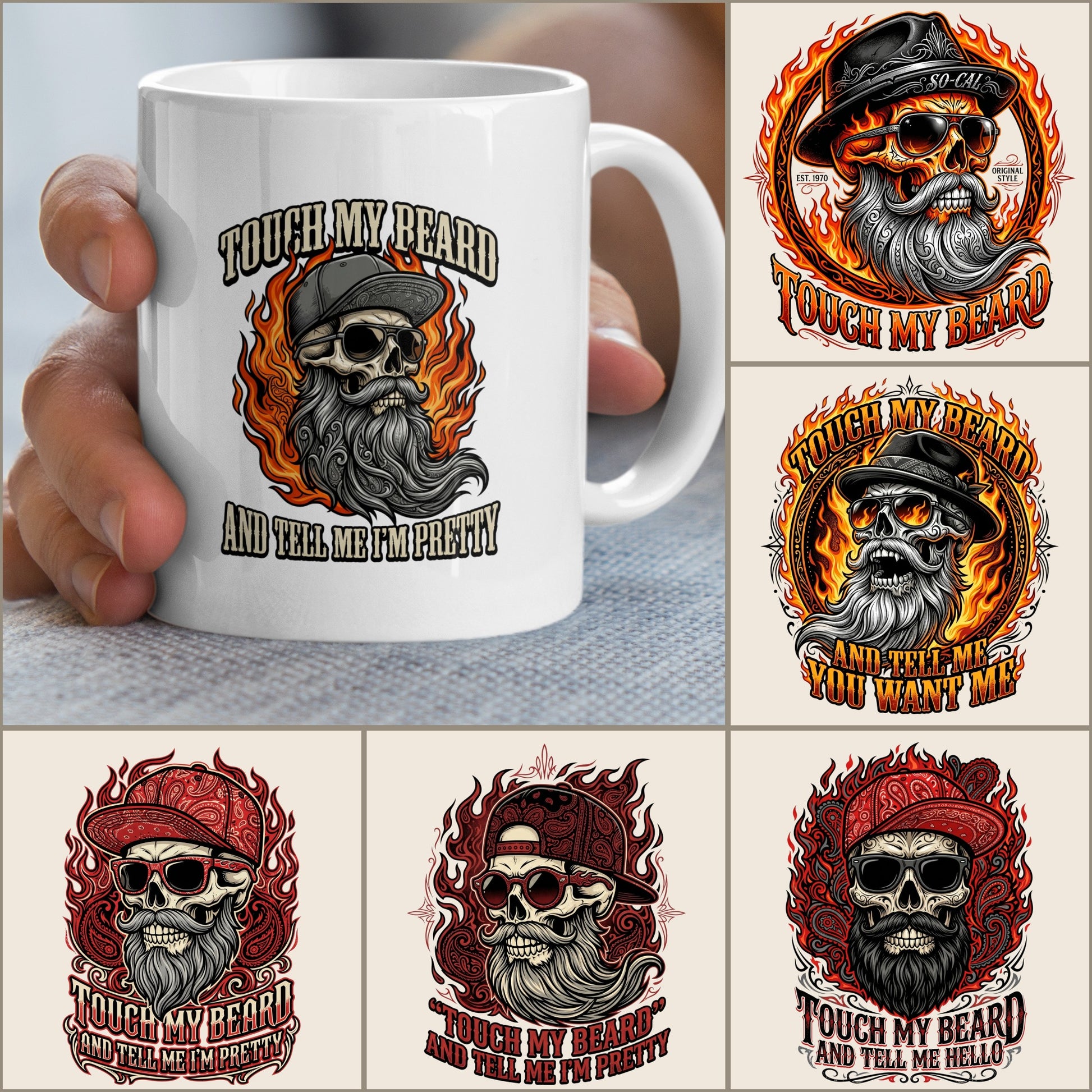 Mug with "Touch My Beard And Tell Me I'm Pretty" text and skull graphic.