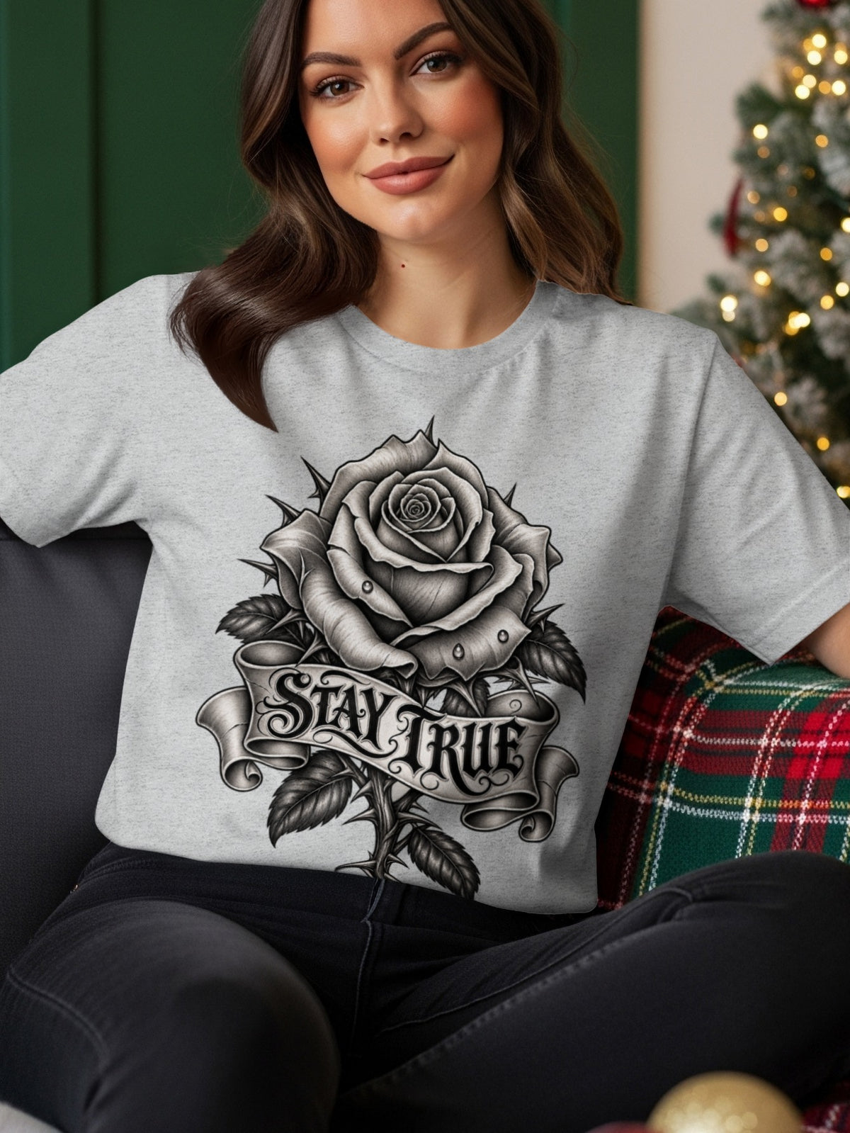 Grey t-shirt with a black and white rose graphic and the text "STAY TRUE".