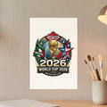2026 World Cup Canada United We Play logo with soccer trophy, flags, and stars.