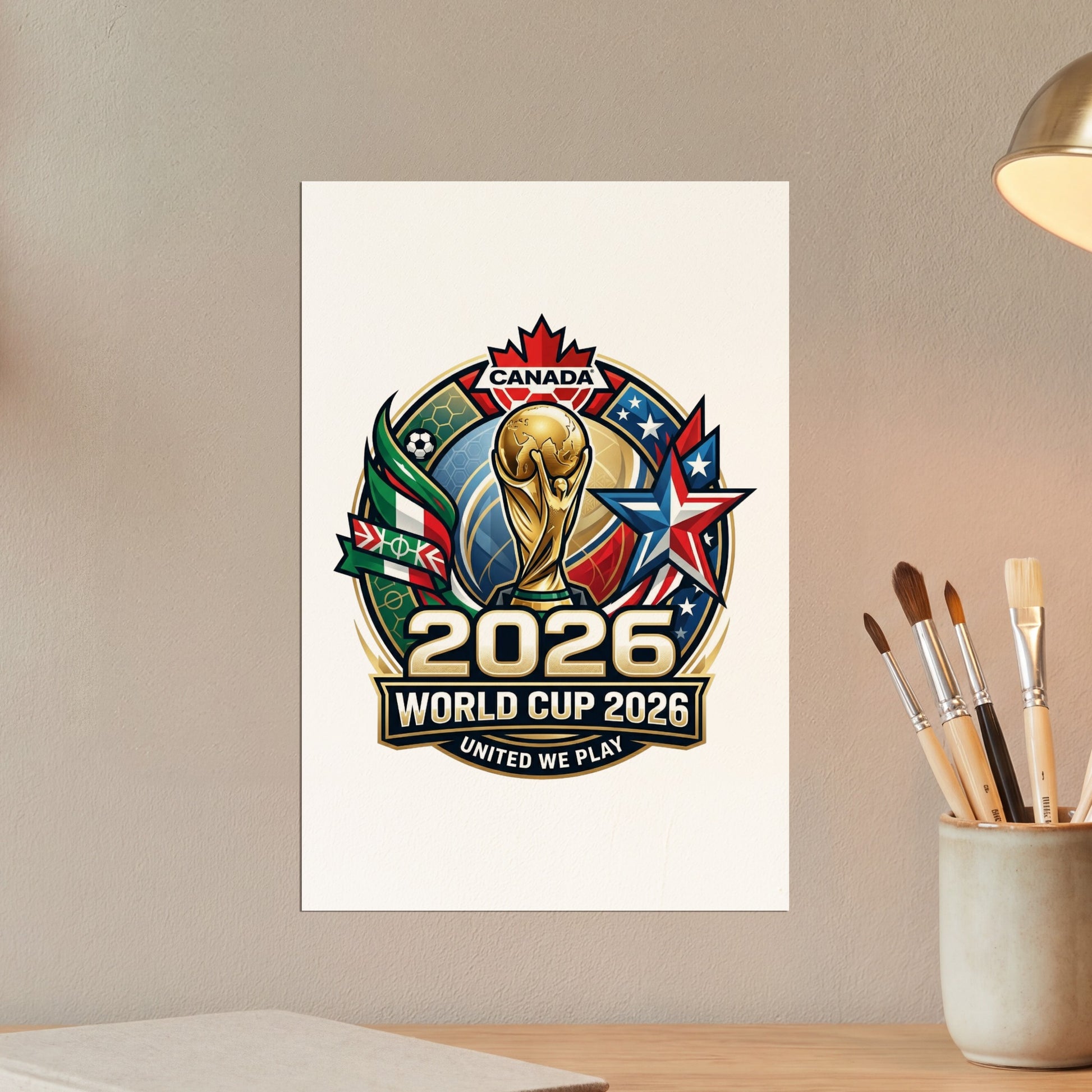 2026 World Cup Canada United We Play logo with soccer trophy, flags, and stars.
