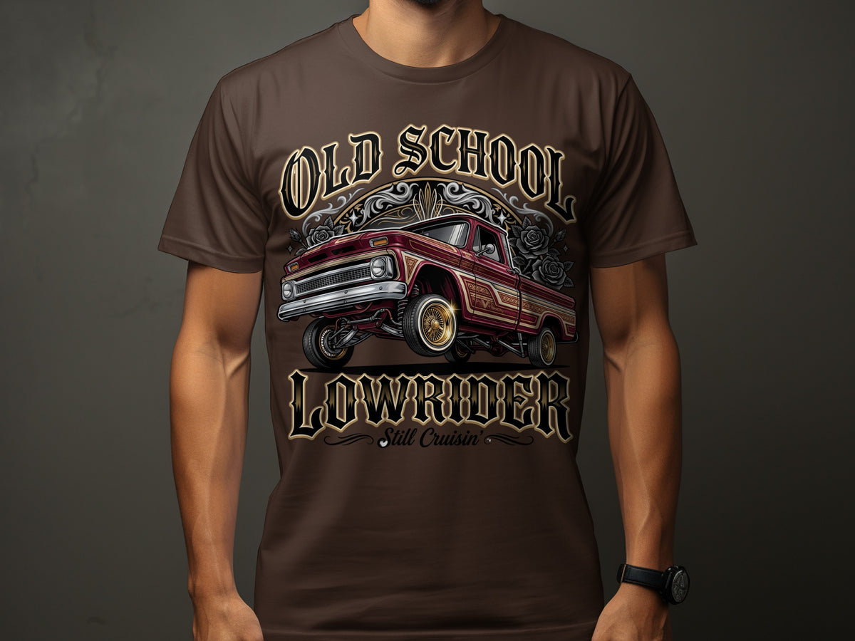 Brown t-shirt with "Old School Lowrider Still Cruisin'" text and a lowrider truck graphic.