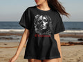 Black t-shirt with skull and rose floral design and 