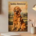 Golden Retriever sitting in a field, with text 