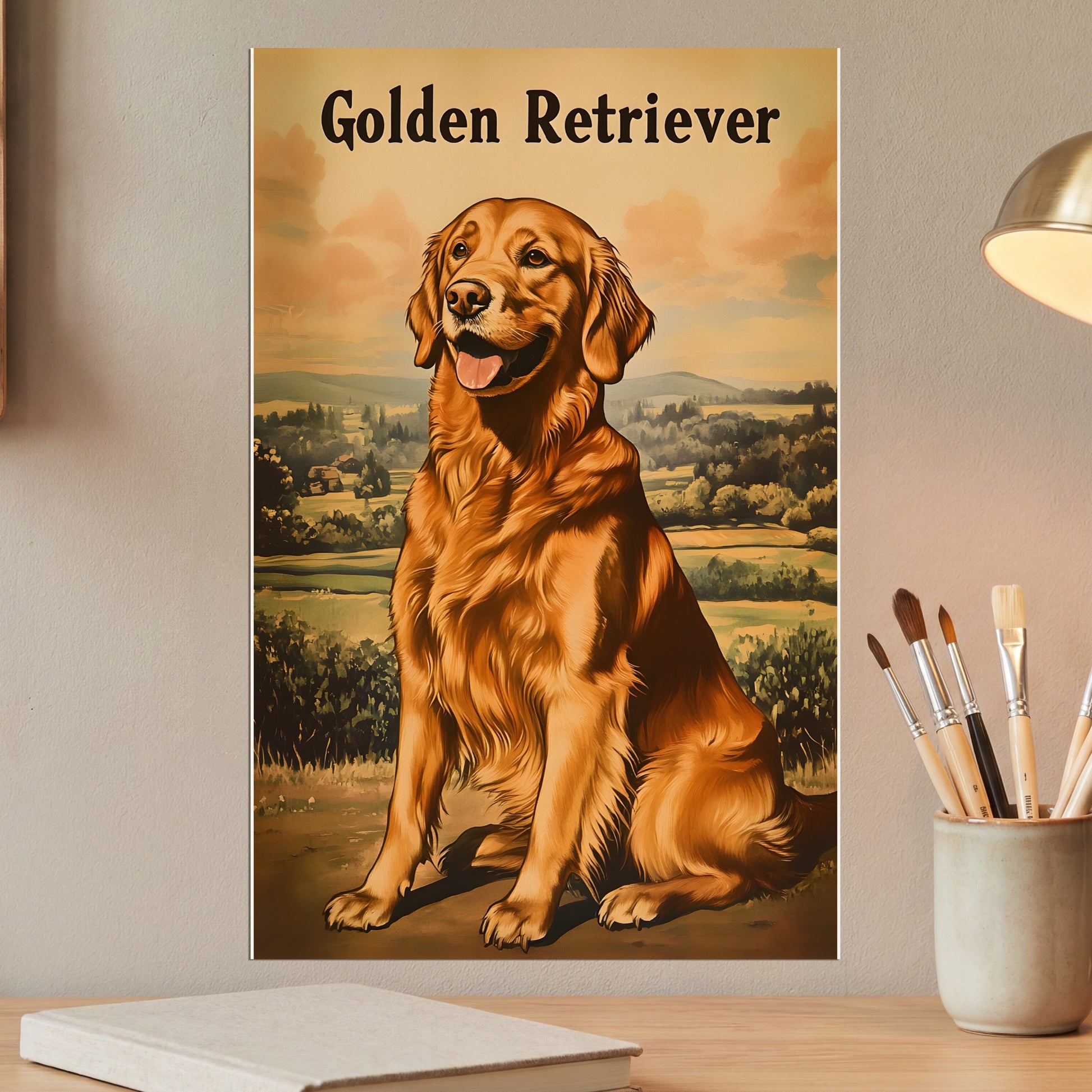 Golden Retriever sitting in a field, with text "Golden Retriever" above.