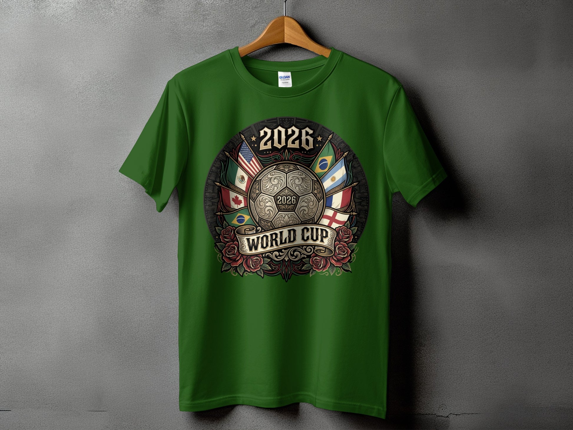 Green t-shirt with 2026 World Cup design featuring flags and soccer ball emblem.
