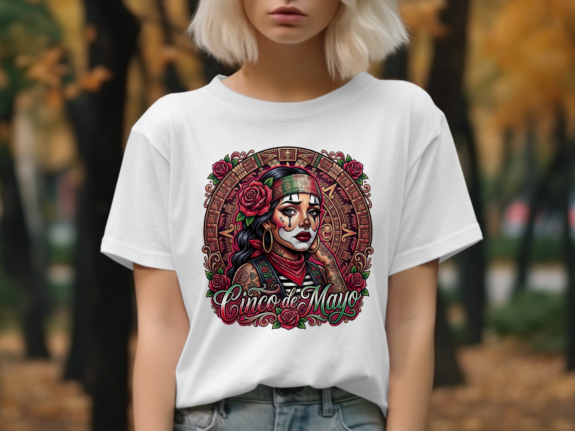 Dia de Muertos inspired woman with roses and "Cinco de Mayo" text.