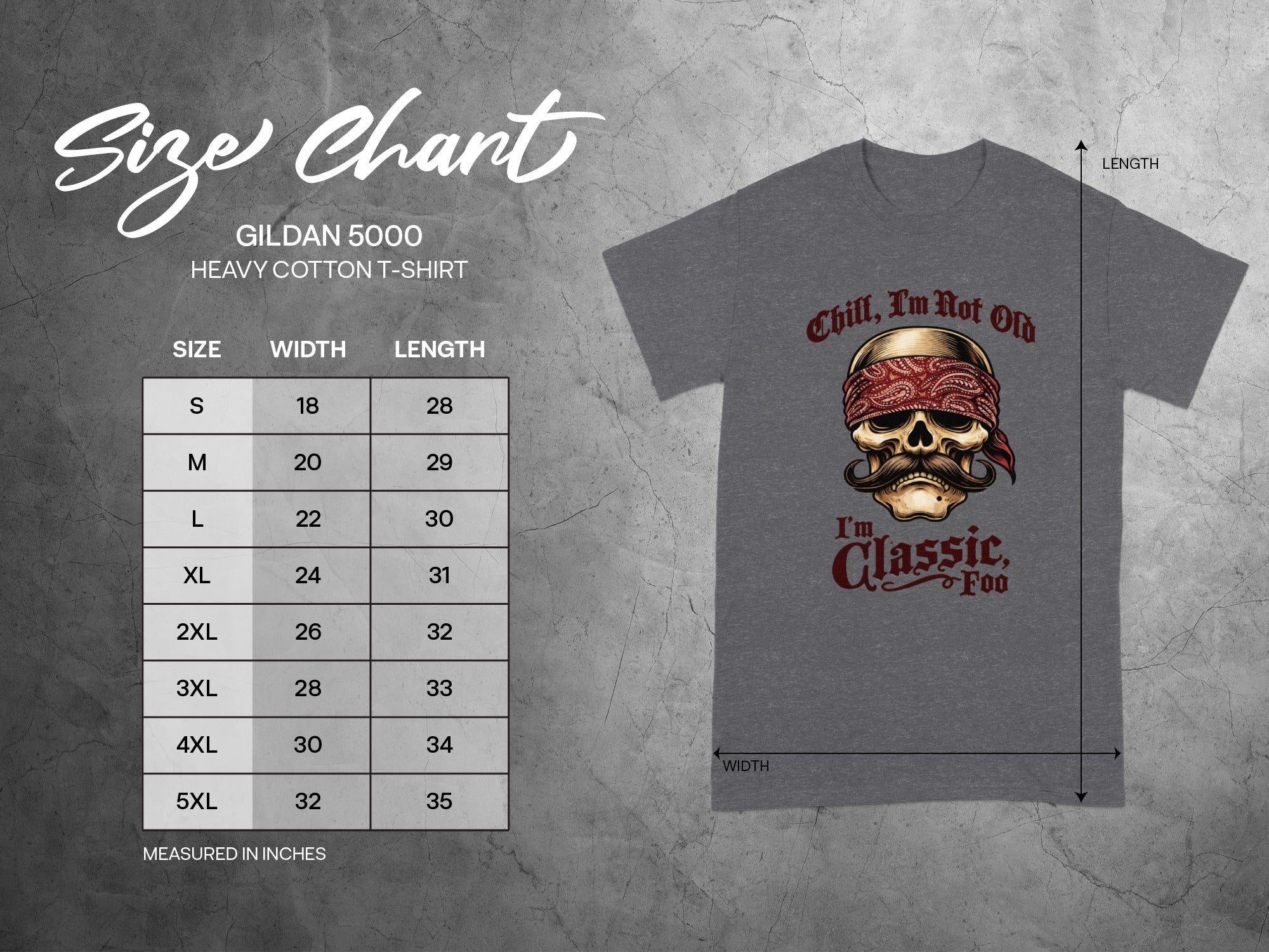 Gildan 5000 size chart with shirt graphic and dimensions.