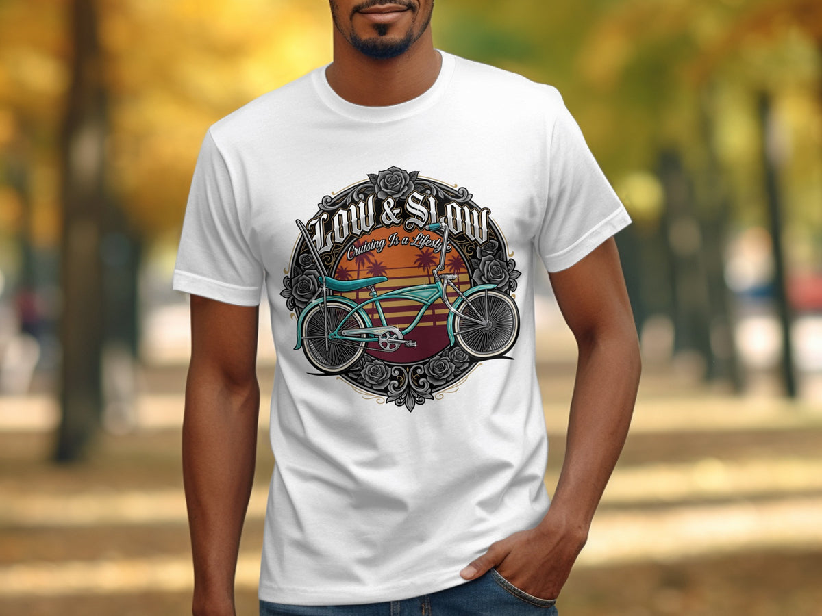 White t-shirt with "Low & Slow Cruising Is a Lifestyle" text and a lowrider bicycle design.