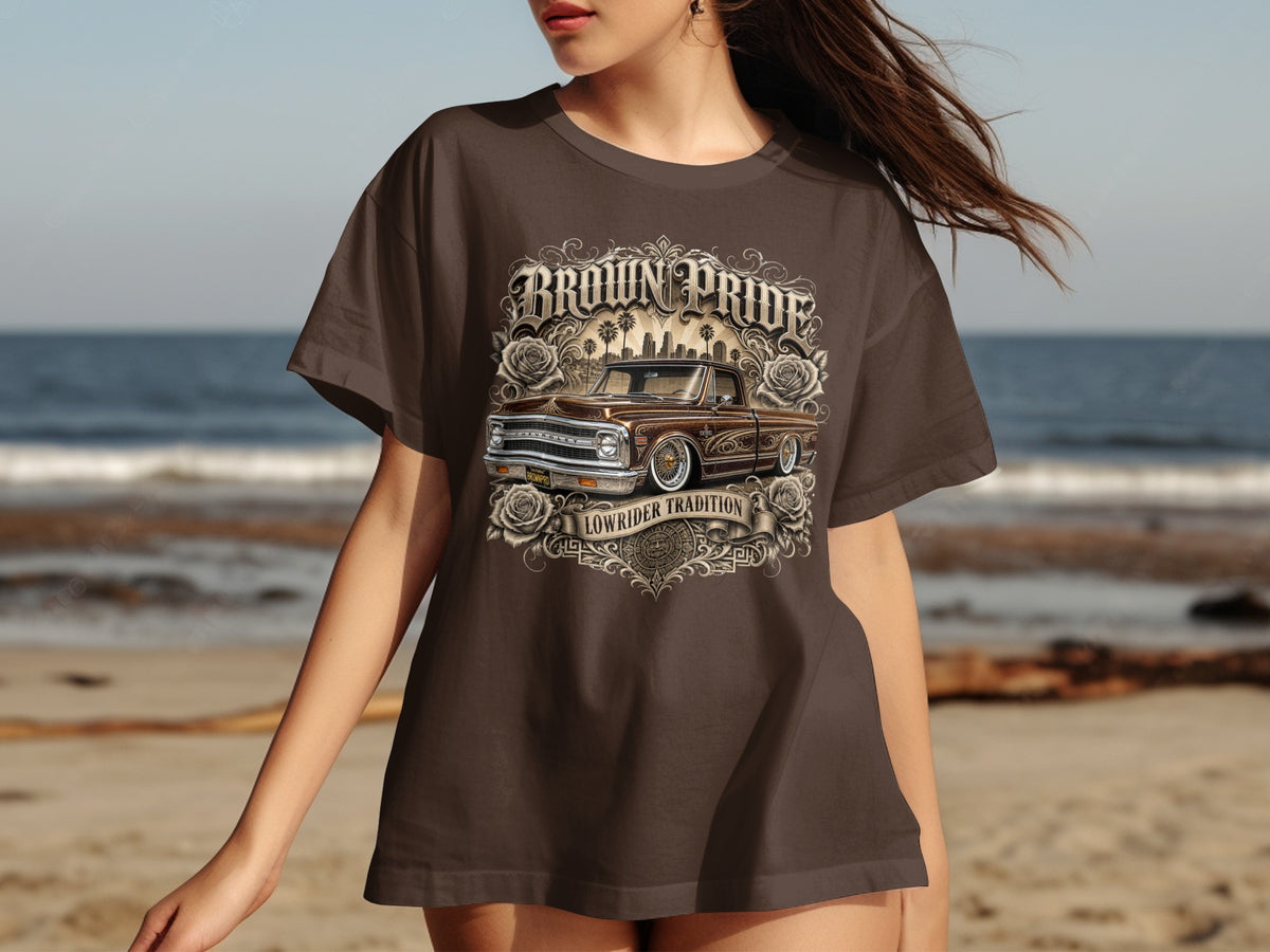 Brown t-shirt with "BROWN PRIDE LOWRIDER TRADITION" graphic featuring a classic truck.