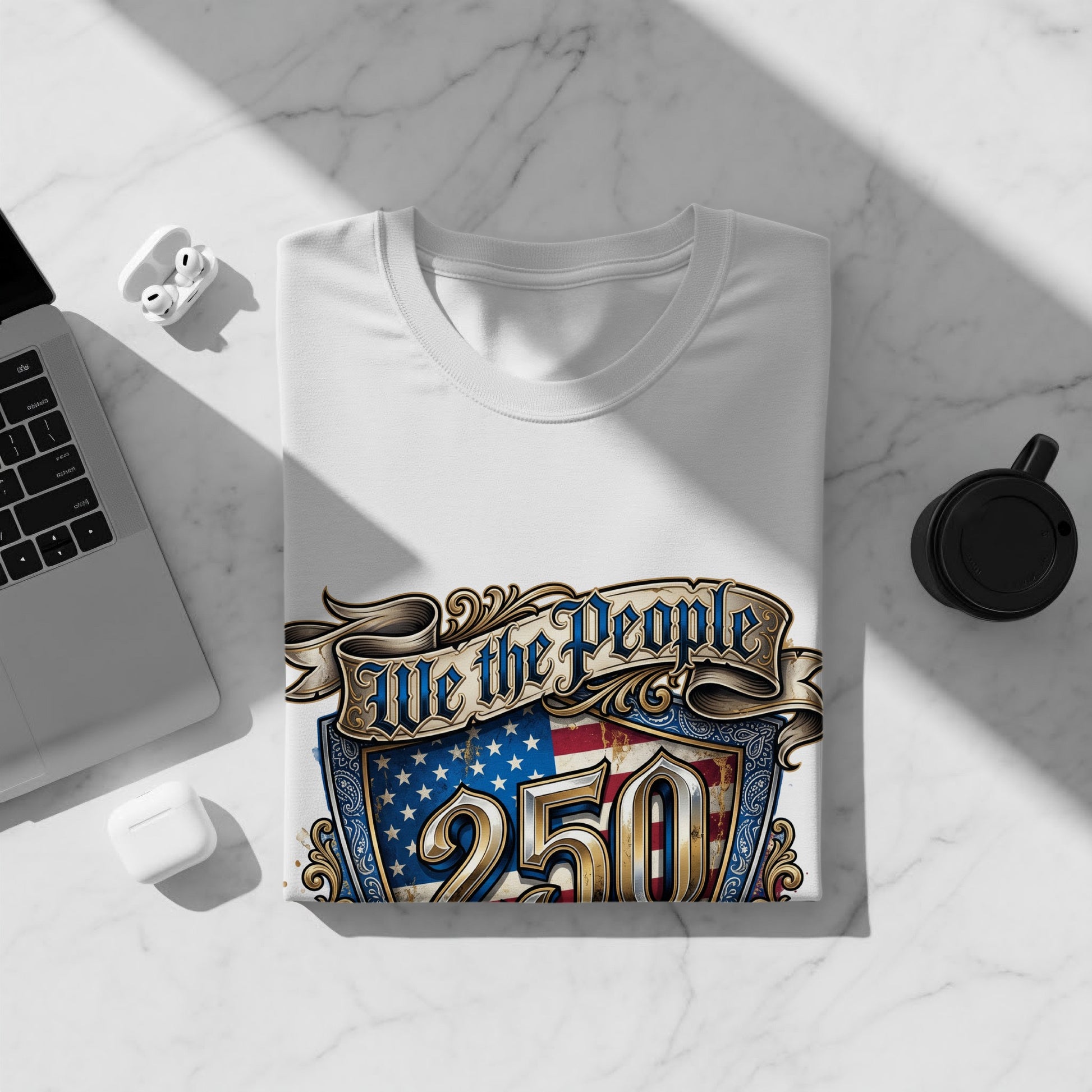 White t-shirt with "We the People" and "250" in patriotic design.