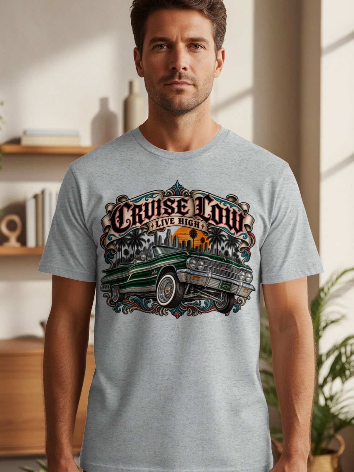 Green classic car with "Cruise Low Live High" text and palm trees.