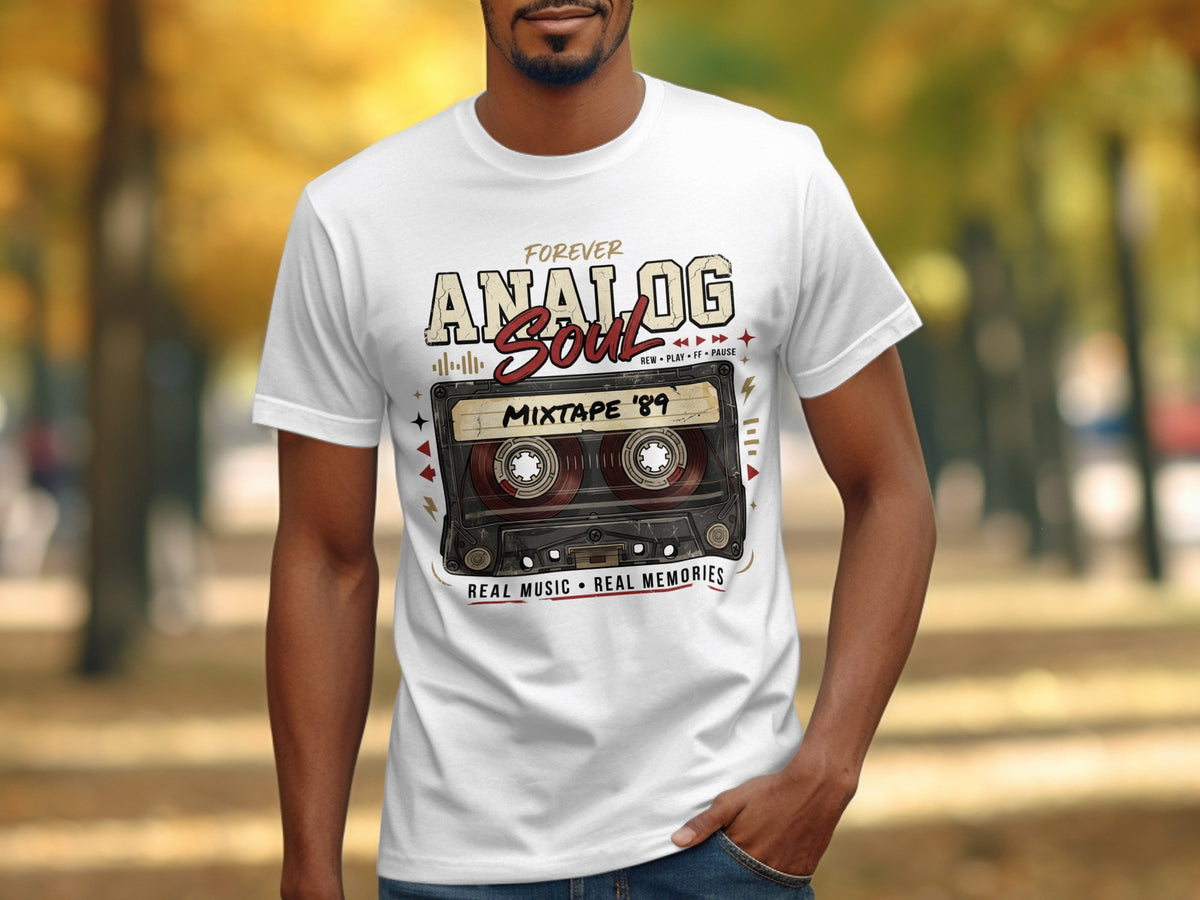White t-shirt with "Forever Analog Soul Mixtape '89" graphic and cassette.