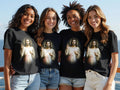 Four young women model t-shirts featuring a religious image of Jesus.