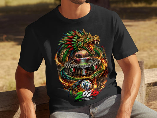 Mexico World Cup 2026 T-Shirt, Quetzalcoatl Dragon, Estadio Azteca Soccer Fan Tee, FIFA Football, Vibrant Mexican Culture Art