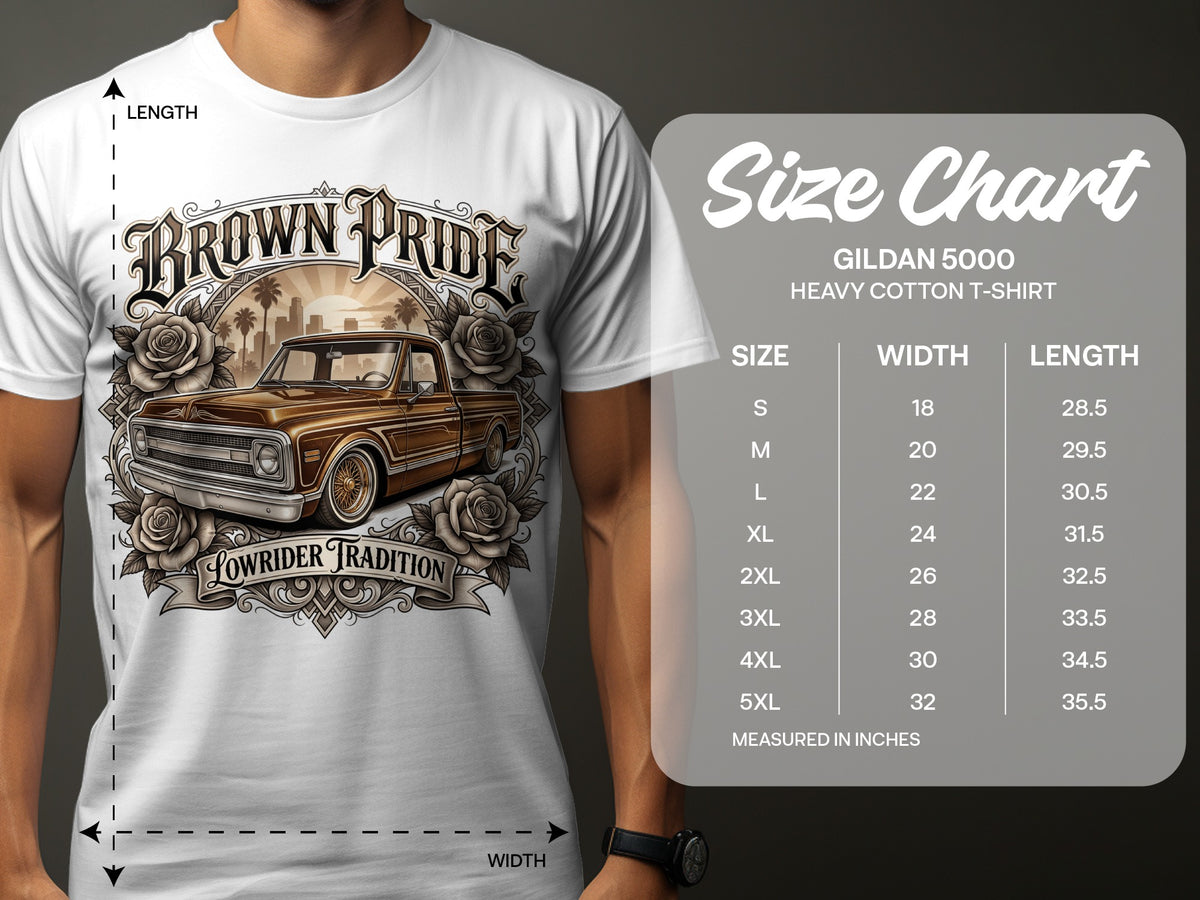 White t-shirt with "Brown Pride" and classic truck graphic, size chart included.