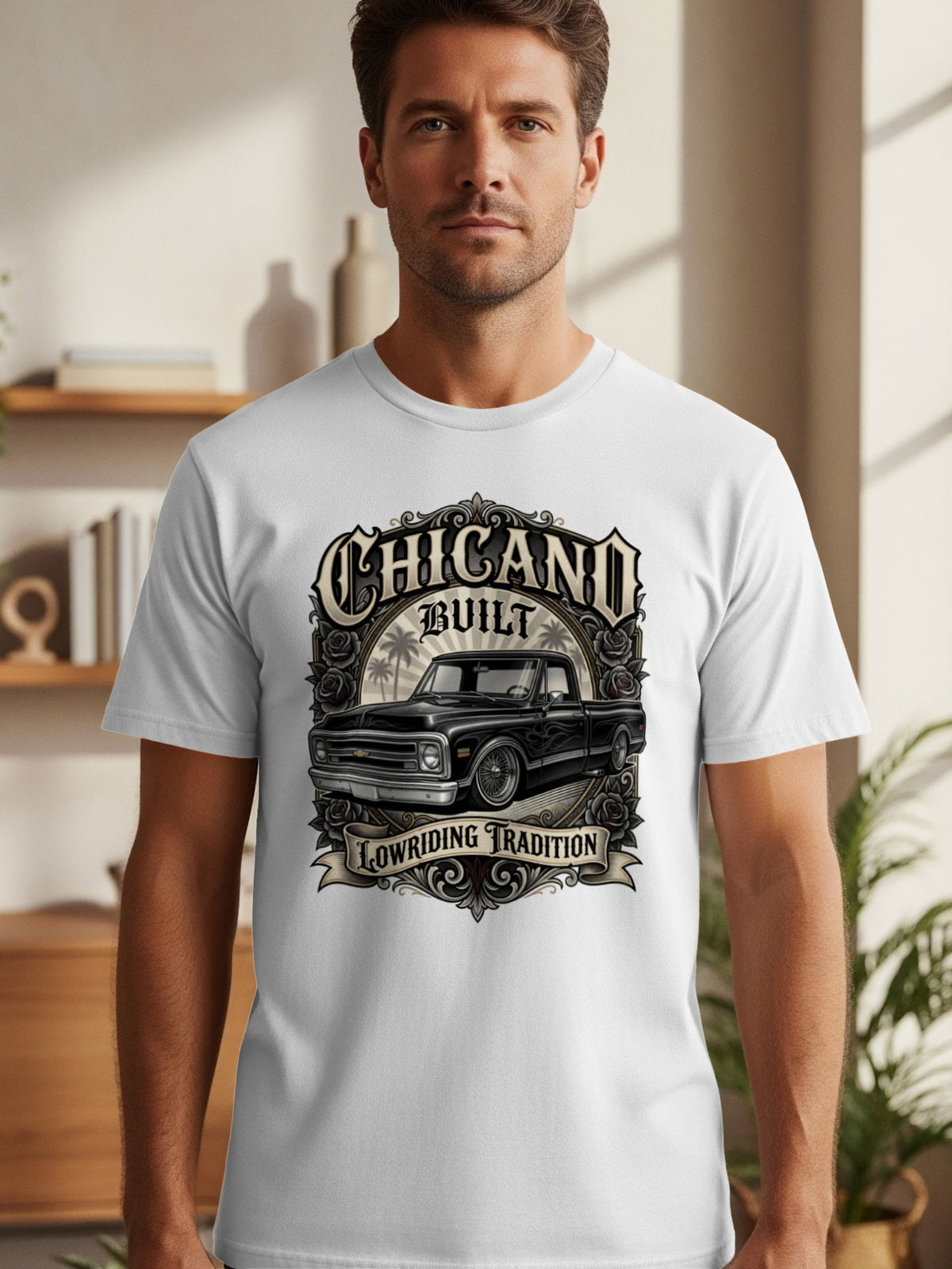 White t-shirt with "Chicano Built Lowriding Tradition" text and a black classic lowrider truck graphic.