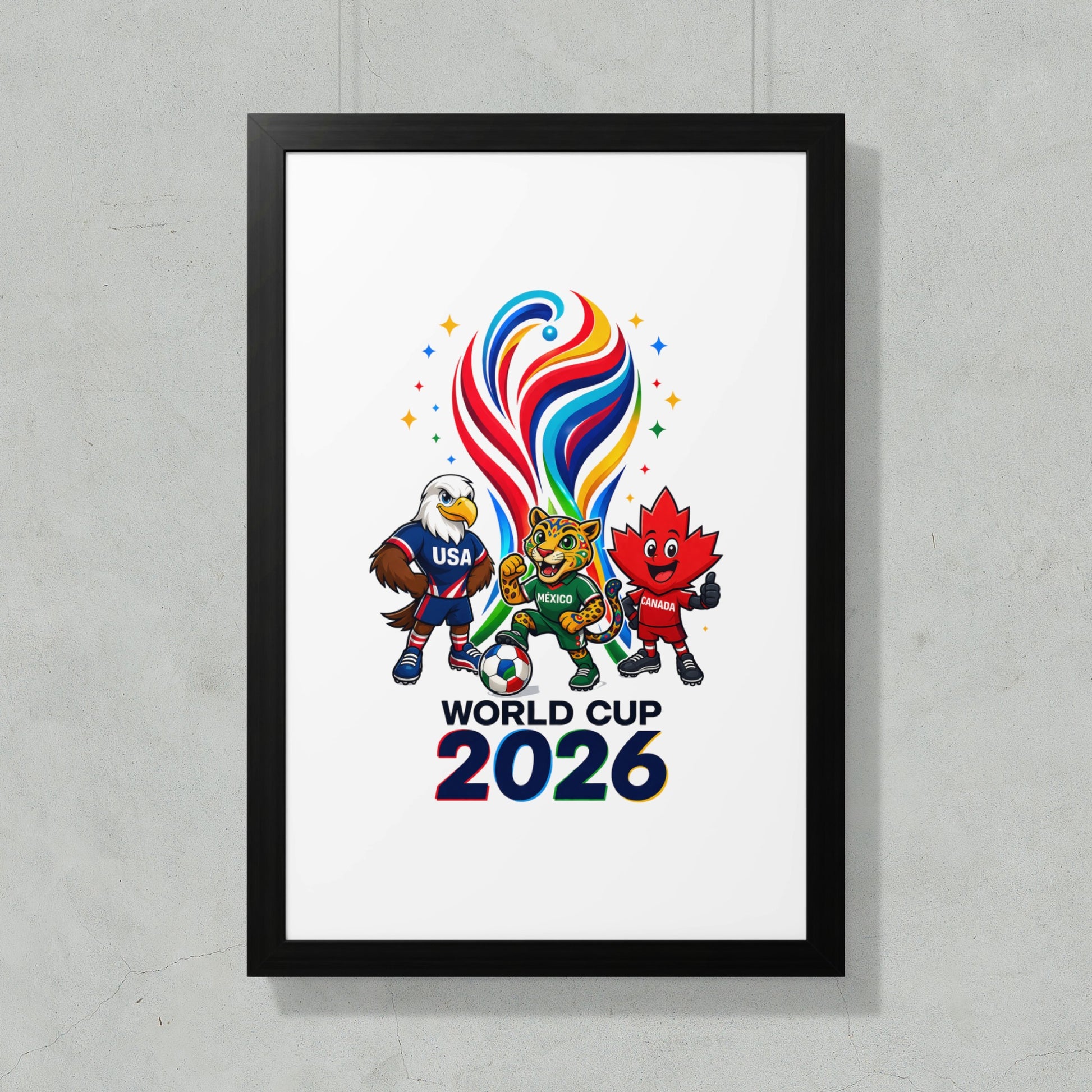 Mascots for the 2026 World Cup, USA, Mexico, and Canada, with soccer ball.