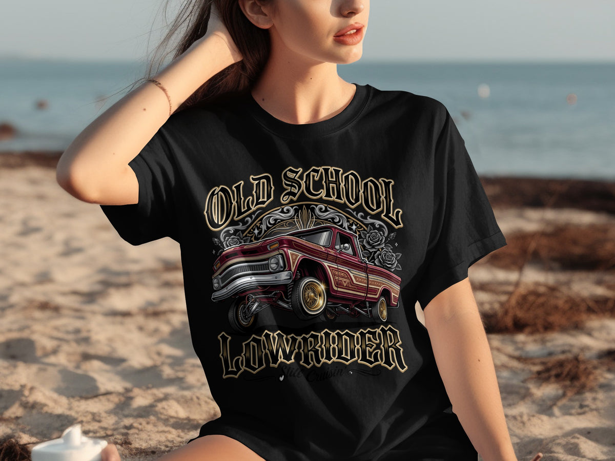 Black t-shirt with "Old School Lowrider" text and a vintage red lowrider truck graphic.