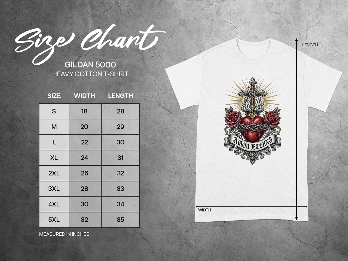 Gildan 5000 heavy cotton t-shirt size chart with chest width and length in inches.
