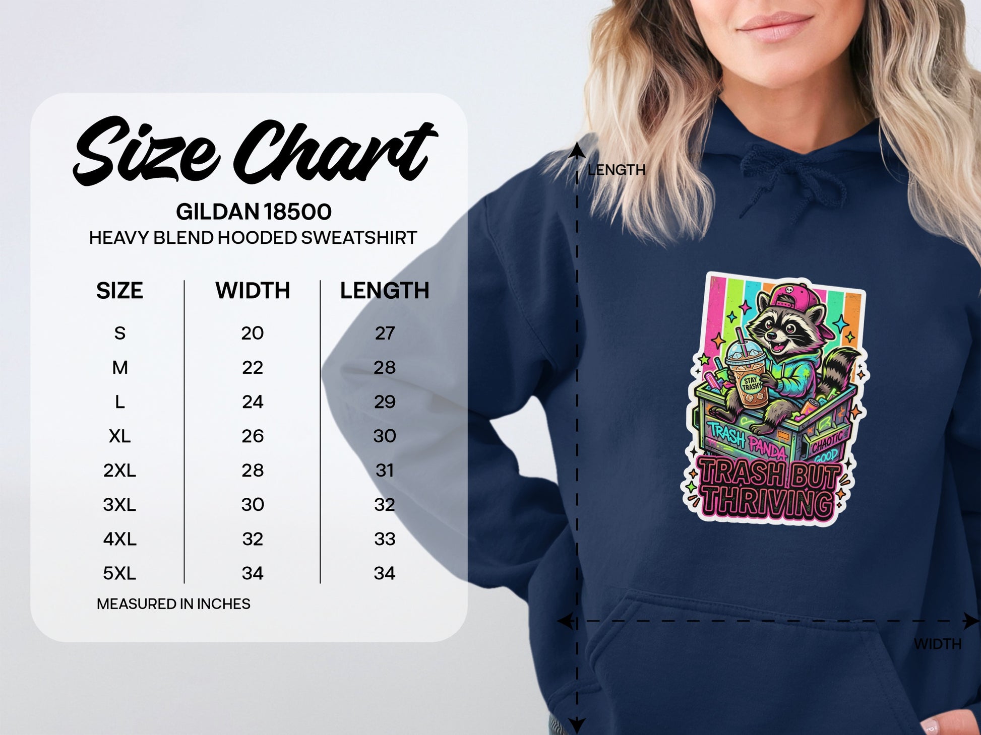 Gildan 18500 hooded sweatshirt size chart with measurements for width and length.