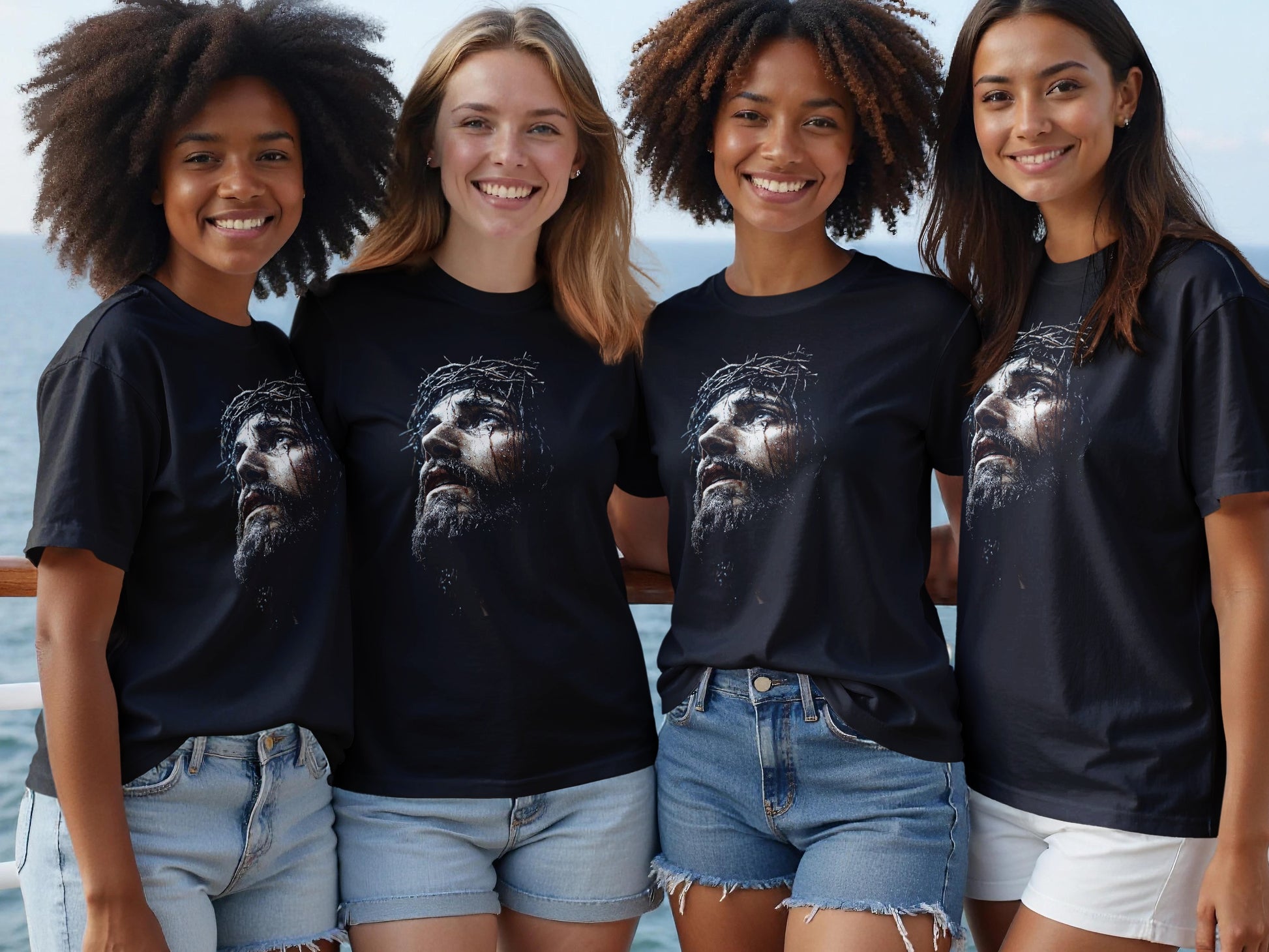 Four smiling women wear black t-shirts featuring a graphic of Jesus Christ.