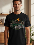 Black t-shirt with a graphic of a green lowrider car, palm trees, and 