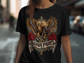 Black t-shirt with eagle, snake, roses, and 