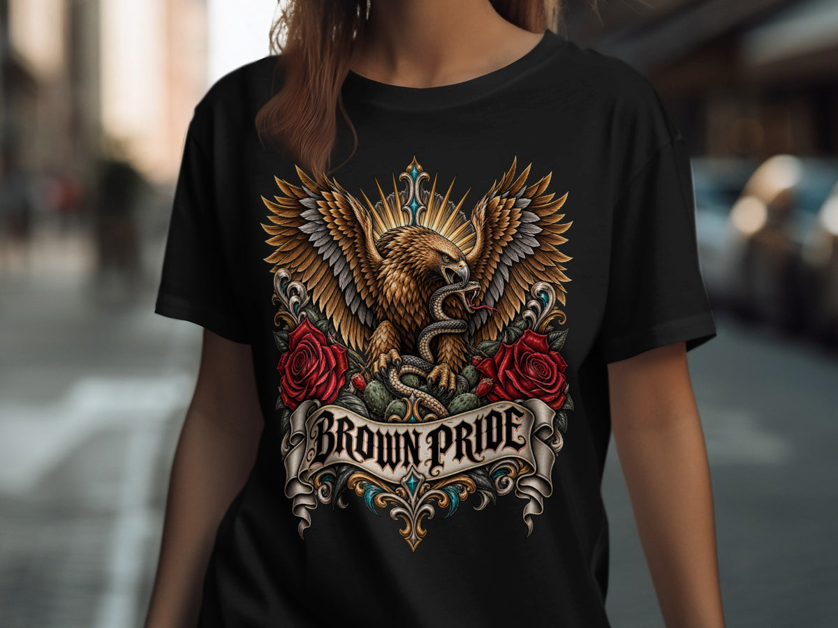 Black t-shirt with eagle, snake, roses, and "Brown Pride" text design.