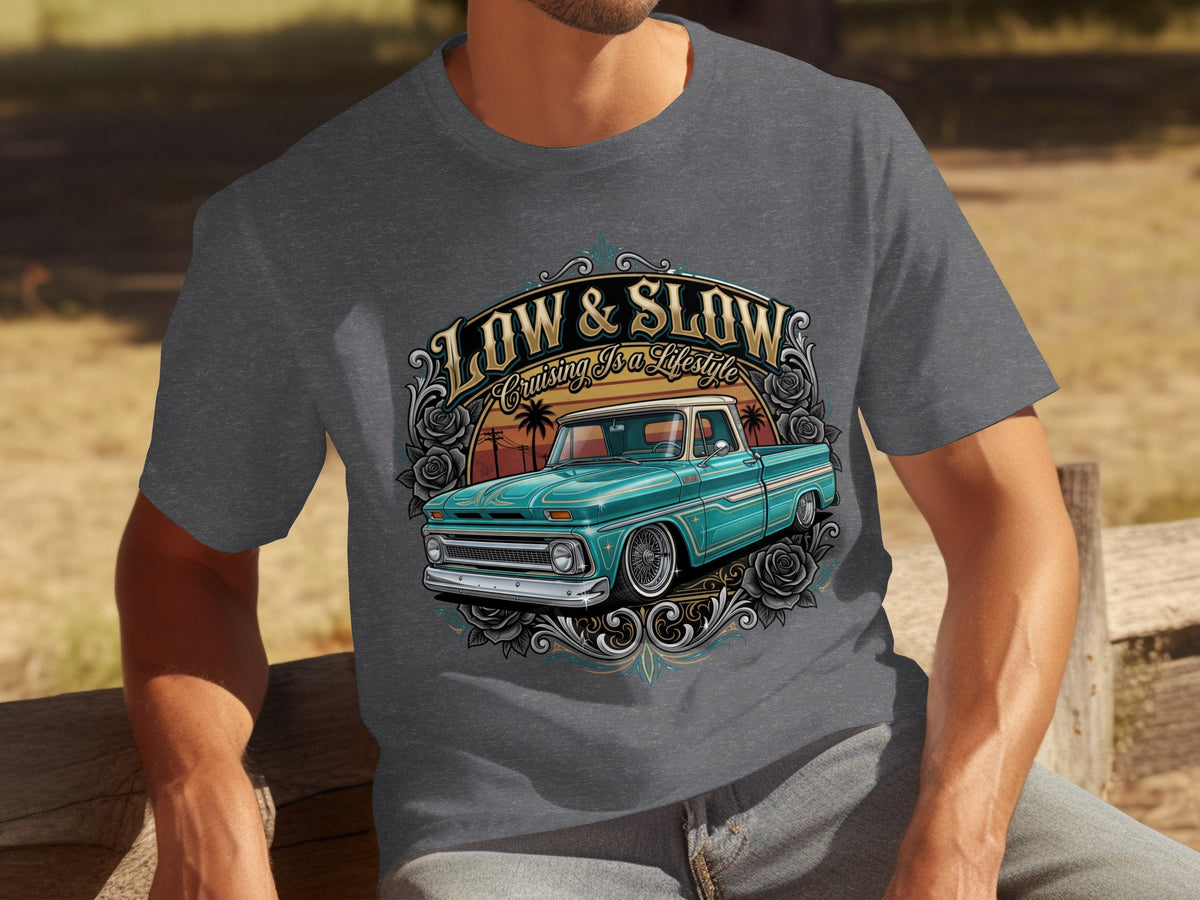 Graphic t-shirt with a teal vintage truck and "LOW & SLOW Cruising Is A Lifestyle" text.