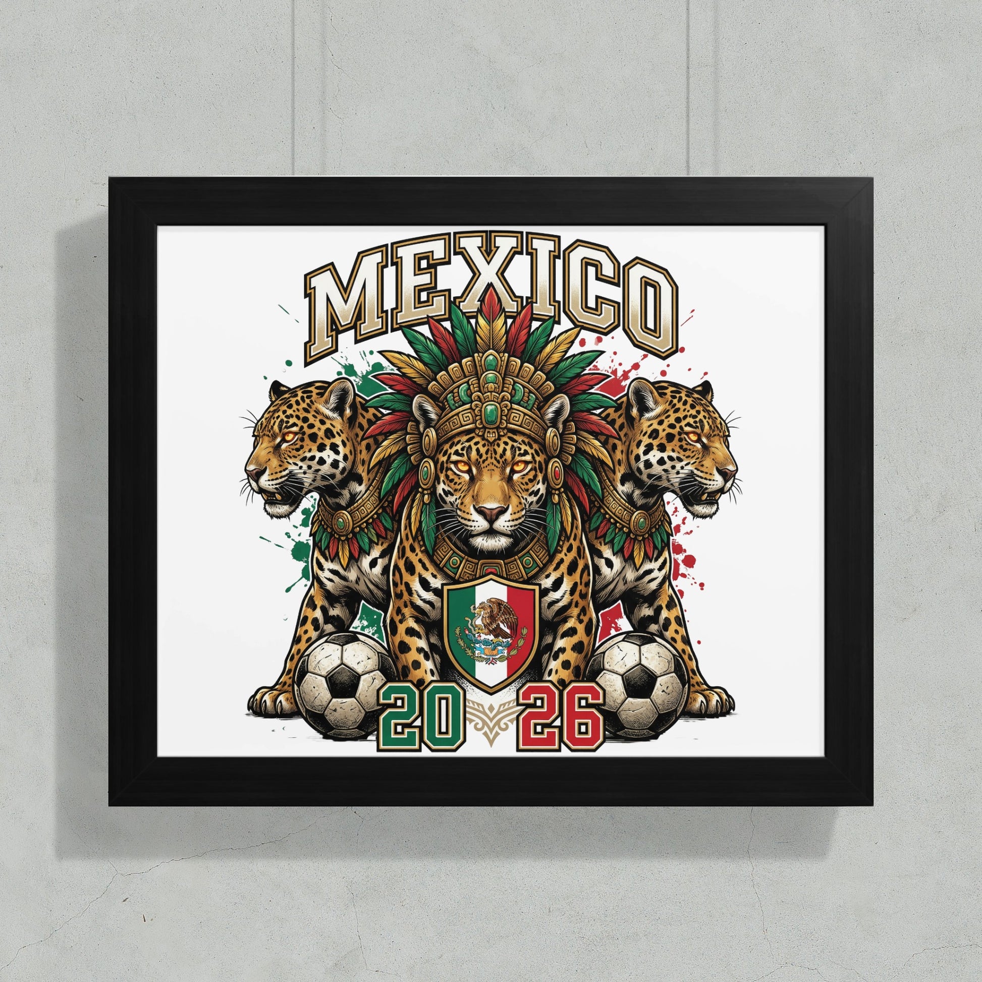 Jaguar crest with "MEXICO" and "2026" text, framed artwork.