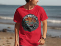Red t-shirt with vintage cruiser bicycle graphic and text 