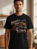 Black t-shirt graphic with red lowrider, palm tree, sunset, and text.