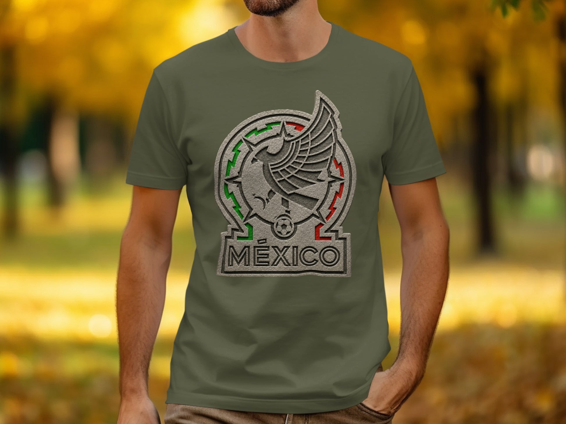Green t-shirt with Mexico national football team emblem on chest.