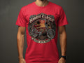 Red t-shirt with a vintage bicycle design, 