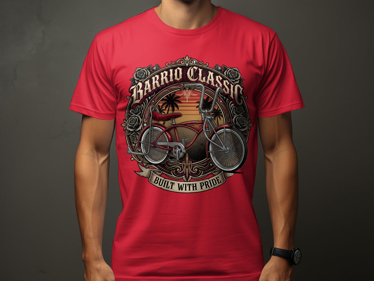 Red t-shirt with a vintage bicycle design, "Barrio Classic Built With Pride".