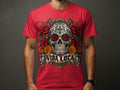 Red t-shirt with a sugar skull design, roses, and 