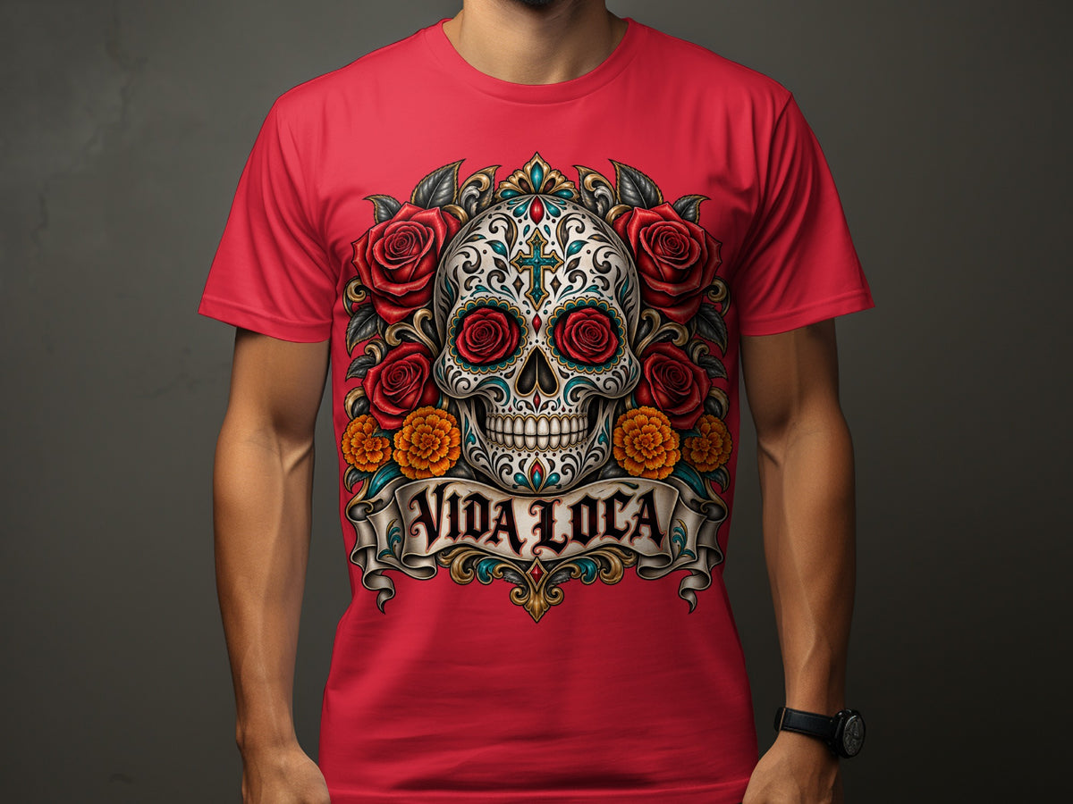 Red t-shirt with a sugar skull design, roses, and "Vida Loca" text.
