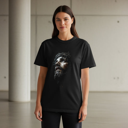 Black t-shirt with a distressed depiction of Jesus wearing a crown of thorns.