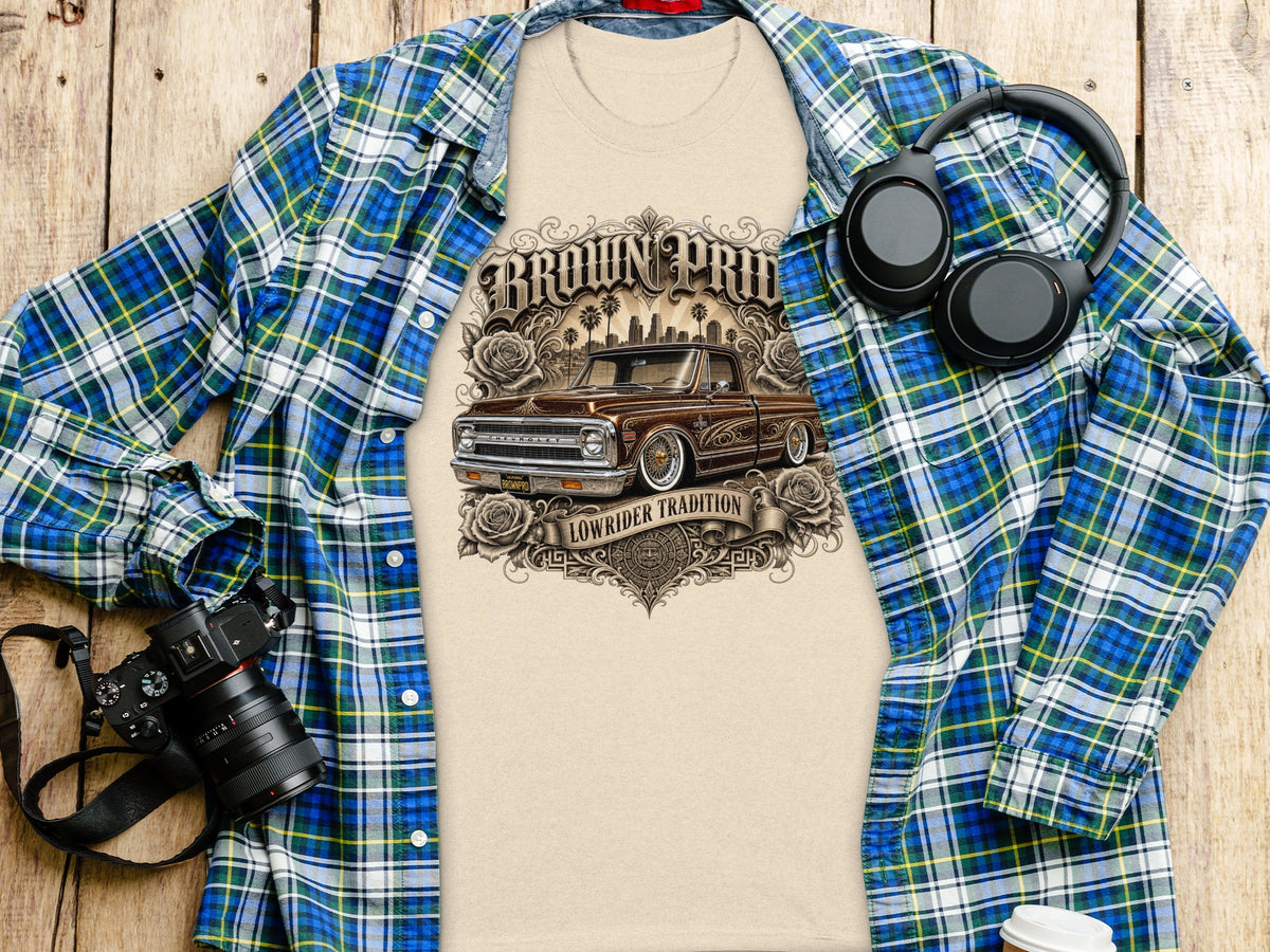 Tan t-shirt with "Brown Pro Lowrider Tradition" graphic and classic truck.