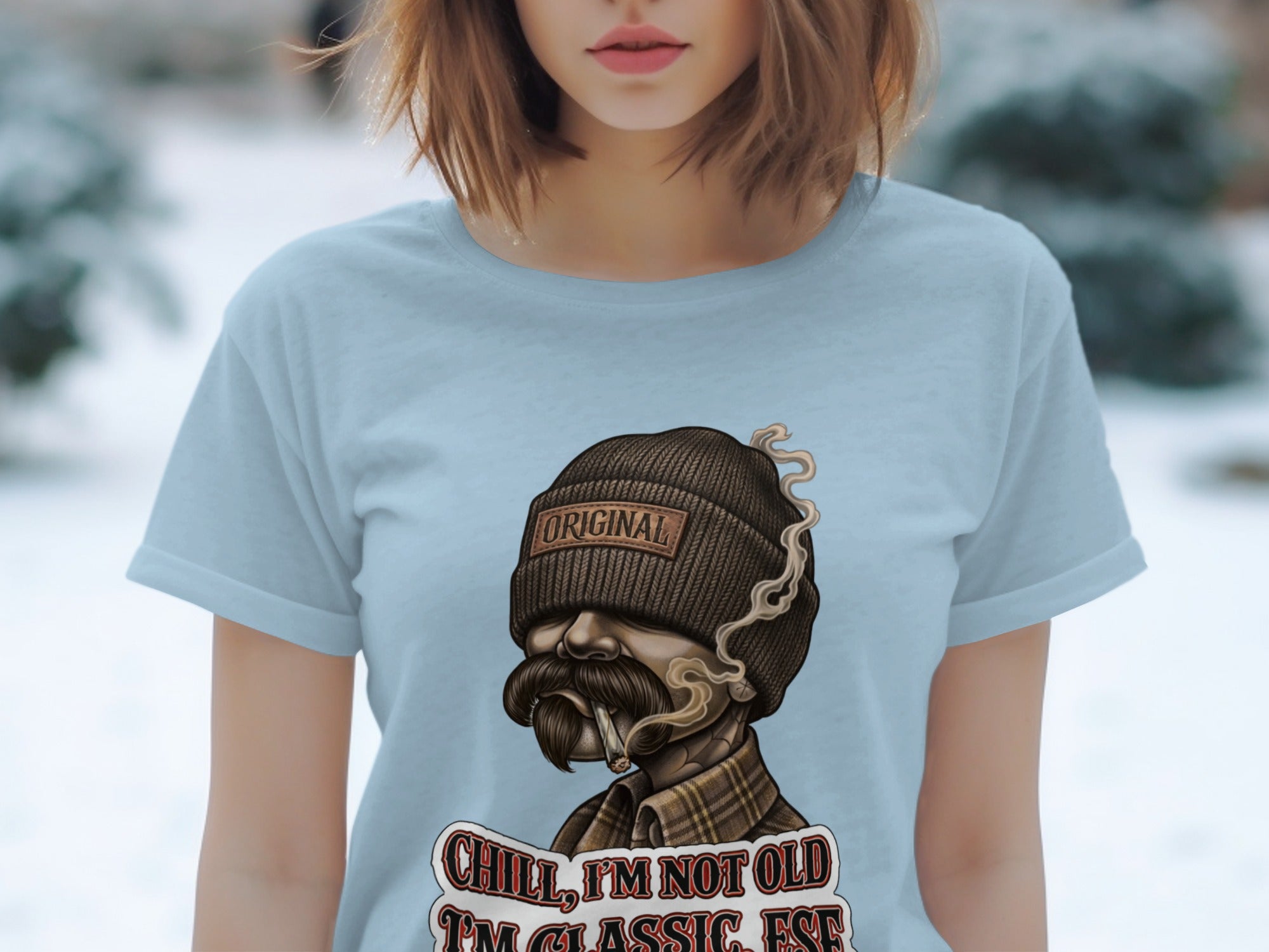 Light blue t-shirt with graphic of a man smoking with "Original" and "Chill, I'm Not Old" text.