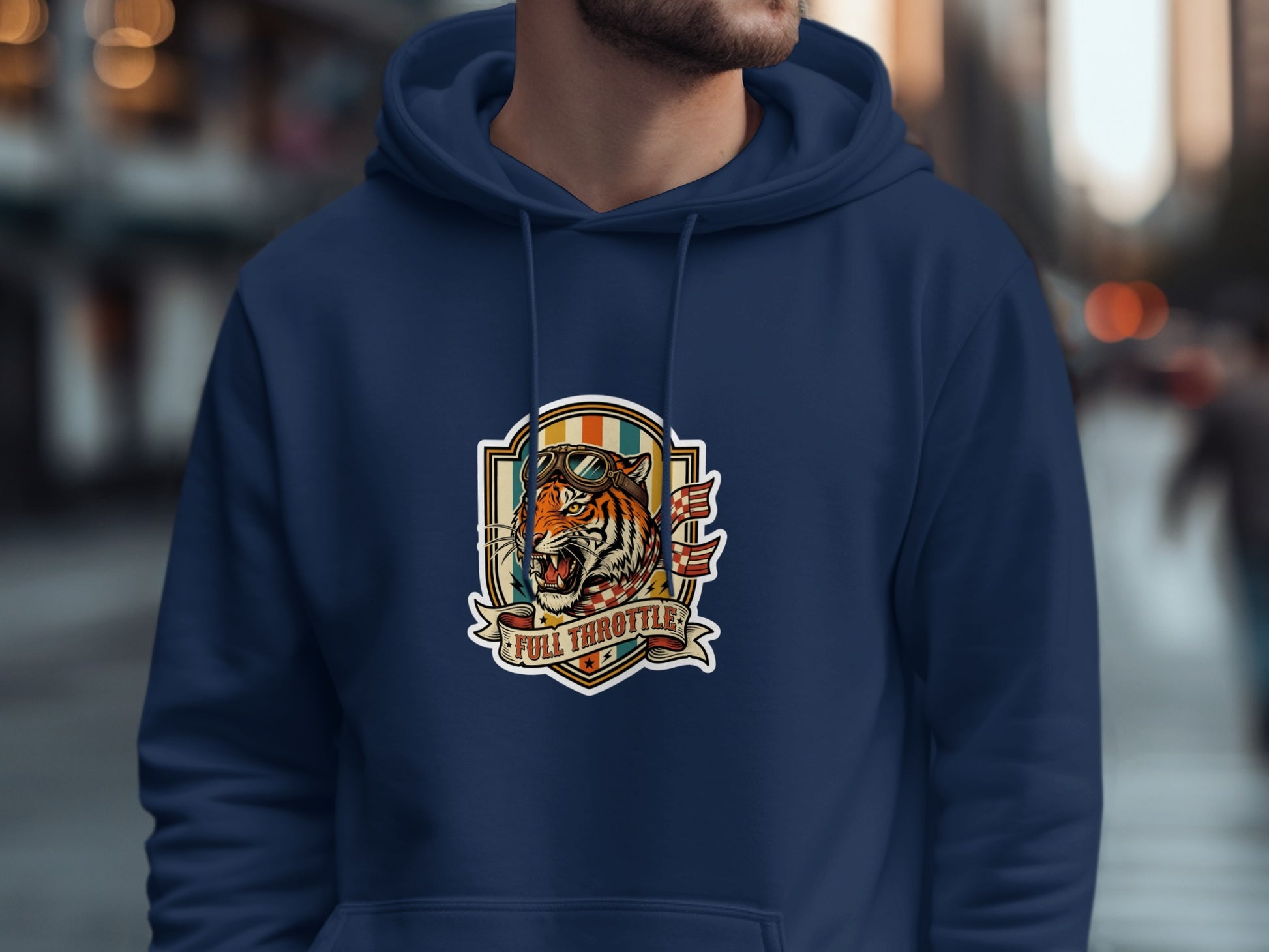 Navy blue hoodie with tiger head logo and "FULL THROTTLE" text.