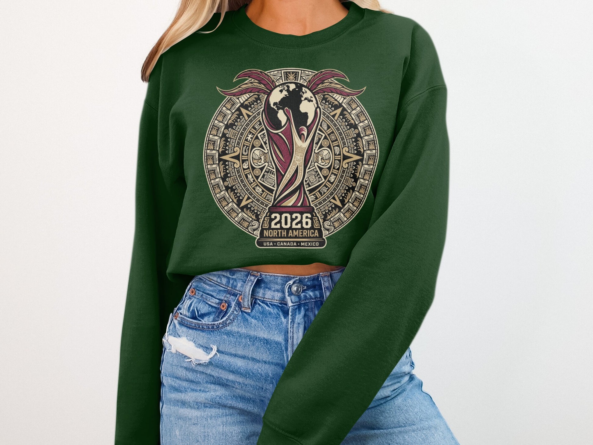 Green sweatshirt with 2026 North America USA, Canada, Mexico graphic.