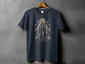 Dark t-shirt with graphic of Virgin Mary surrounded by roses