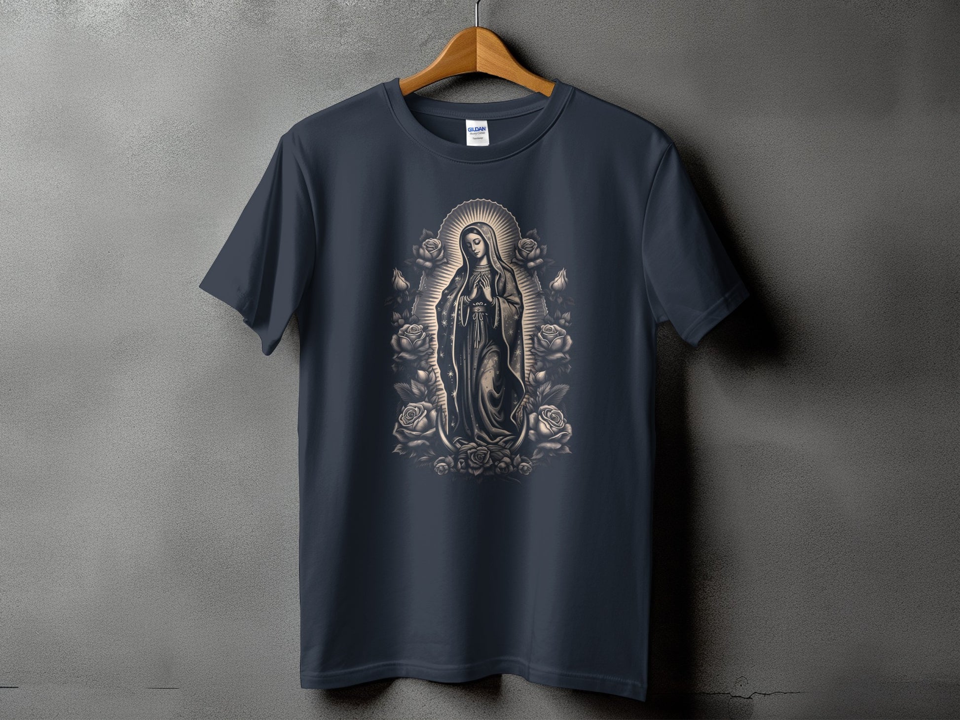 Dark t-shirt with graphic of Virgin Mary surrounded by roses