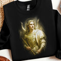 Archangel Michael in ornate armor holding a golden staff and trumpet.