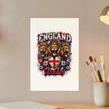 England 2026 logo with three roaring lions, crown, and soccer balls.