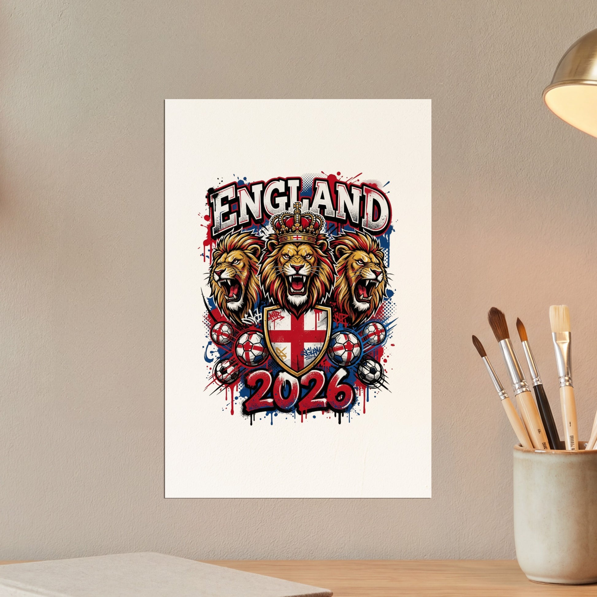 England 2026 logo with three roaring lions, crown, and soccer balls.