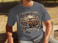 Brown Pride Lowrider Tradition graphic on a grey t-shirt featuring a brown truck and roses.