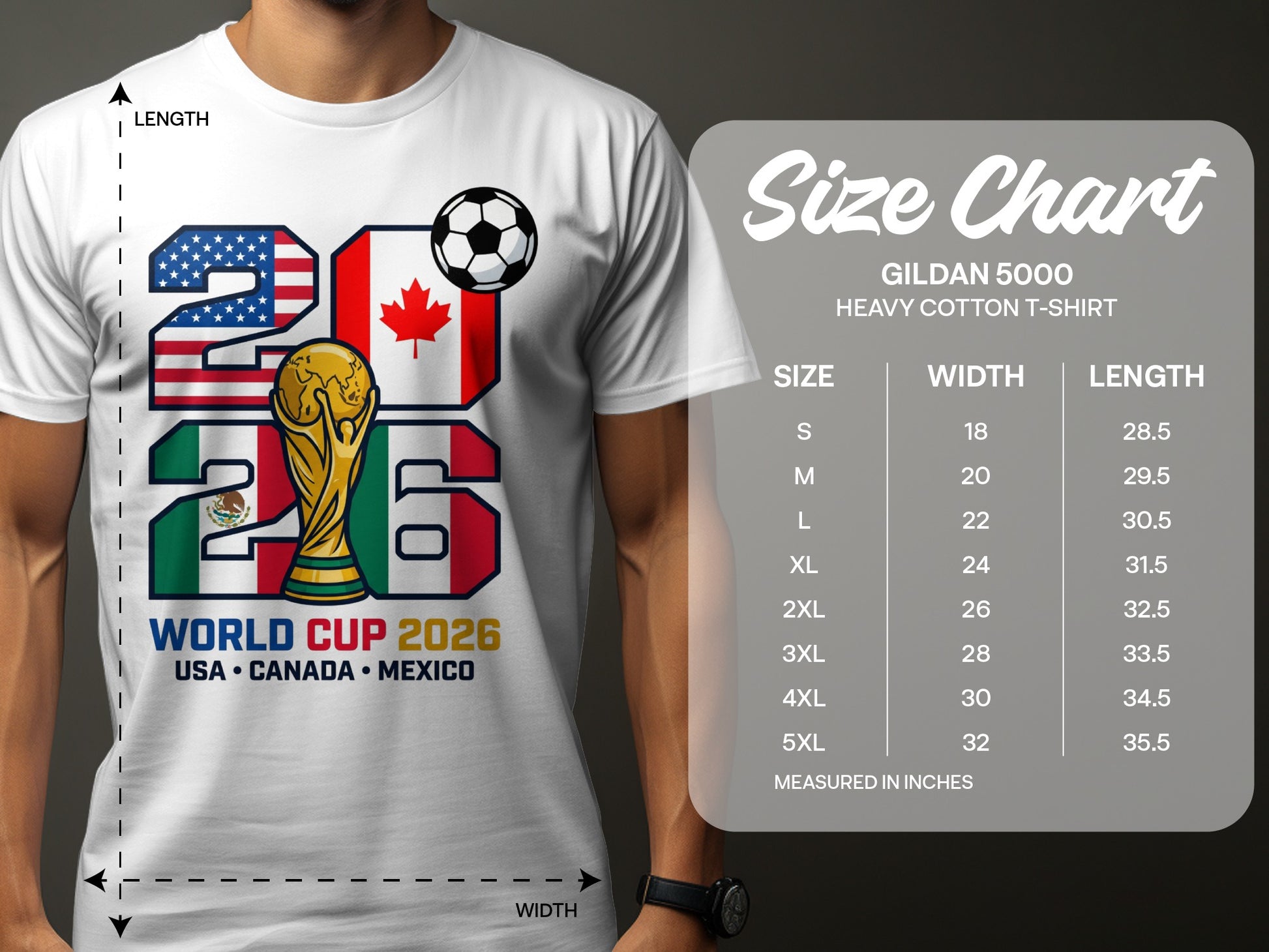 T-shirt size chart for World Cup 2026 USA-Canada-Mexico with measurements.